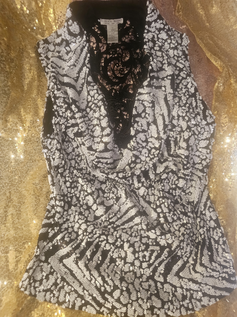 Alberto Makali Black & White Sequined Cowl Neck Tank